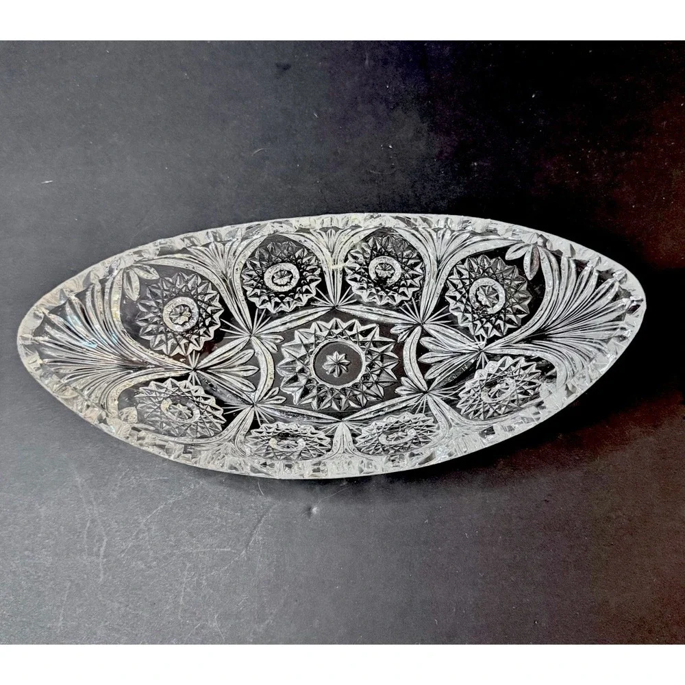 Vintage Cut Crystal Sawtooth Edge Banana Boat Bowl Dish‎ Large Heavy Glass